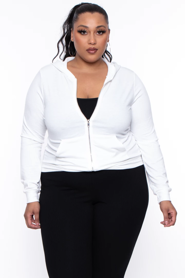 Curvy Sense Essential Mix Plus Size Essential Cropped Zip-Up Hoodie - Ivory 3 Curvy Sense Essential Mix Plus Size Essential Cropped Zip-Up Hoodie - Ivory