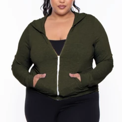 Curvy Sense Essential Mix Plus Size Essential Cropped Zip-Up Hoodie - Olive
