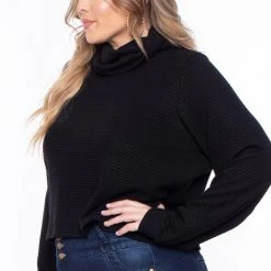 Curvy Sense Plus Size Elva Cowl Neck Faux Cashmere Sweater - Black Tops