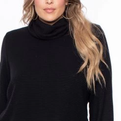 Curvy Sense Plus Size Elva Cowl Neck Faux Cashmere Sweater - Black Tops