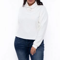 Curvy Sense Plus Size Elva Cowl Neck Faux Cashmere Sweater - Ivory Tops