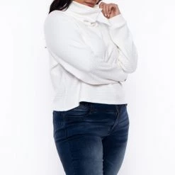 Curvy Sense Plus Size Elva Cowl Neck Faux Cashmere Sweater - Ivory Tops