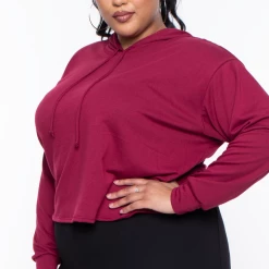Curvy Sense Essential Mix Plus Size Essential Cropped Hoodie - Burgundy