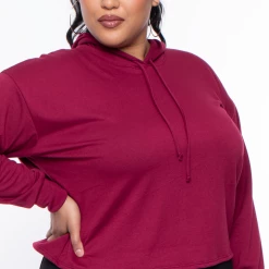 Curvy Sense Essential Mix Plus Size Essential Cropped Hoodie - Burgundy