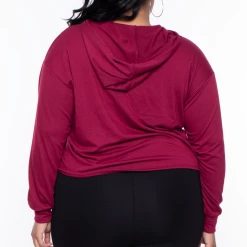 Curvy Sense Essential Mix Plus Size Essential Cropped Hoodie - Burgundy