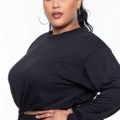 Curvy Sense Essential Mix Plus Size Essential Cropped Pullover Sweatshirt - Black