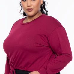 Curvy Sense Essential Mix Plus Size Essential Cropped Pullover Sweatshirt - Burgundy