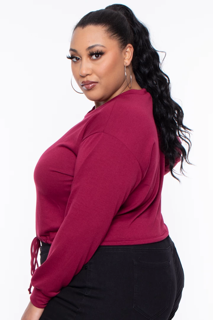 Curvy Sense Essential Mix Plus Size Essential Cropped Pullover Sweatshirt - Burgundy 5 Curvy Sense Essential Mix Plus Size Essential Cropped Pullover Sweatshirt - Burgundy