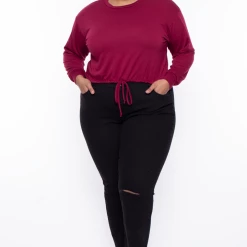 Curvy Sense Essential Mix Plus Size Essential Cropped Pullover Sweatshirt - Burgundy 13 Curvy Sense Essential Mix Plus Size Essential Cropped Pullover Sweatshirt - Burgundy