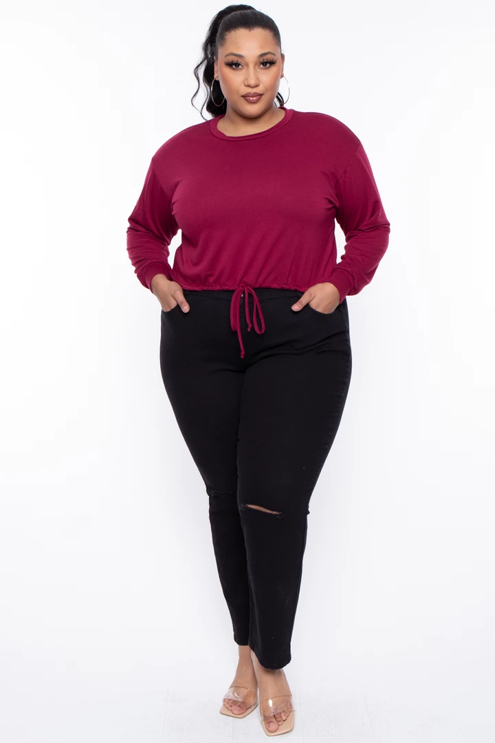 Curvy Sense Essential Mix Plus Size Essential Cropped Pullover Sweatshirt - Burgundy 8 Curvy Sense Essential Mix Plus Size Essential Cropped Pullover Sweatshirt - Burgundy