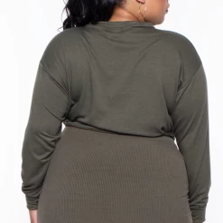 Curvy Sense Essential Mix Plus Size Essential Cropped Pullover Sweatshirt - Olive