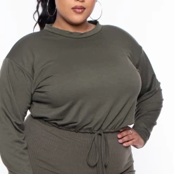 Curvy Sense Essential Mix Plus Size Essential Cropped Pullover Sweatshirt - Olive
