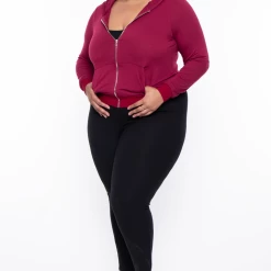 Curvy Sense Essential Mix Plus Size Essential Cropped Zip-Up Hoodie - Burgundy