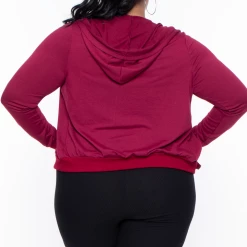 Curvy Sense Essential Mix Plus Size Essential Cropped Zip-Up Hoodie - Burgundy