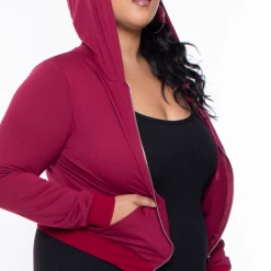 Curvy Sense Essential Mix Plus Size Essential Cropped Zip-Up Hoodie - Burgundy