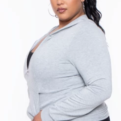 Curvy Sense Essential Mix Plus Size Essential Cropped Zip-Up Hoodie - Heather Grey