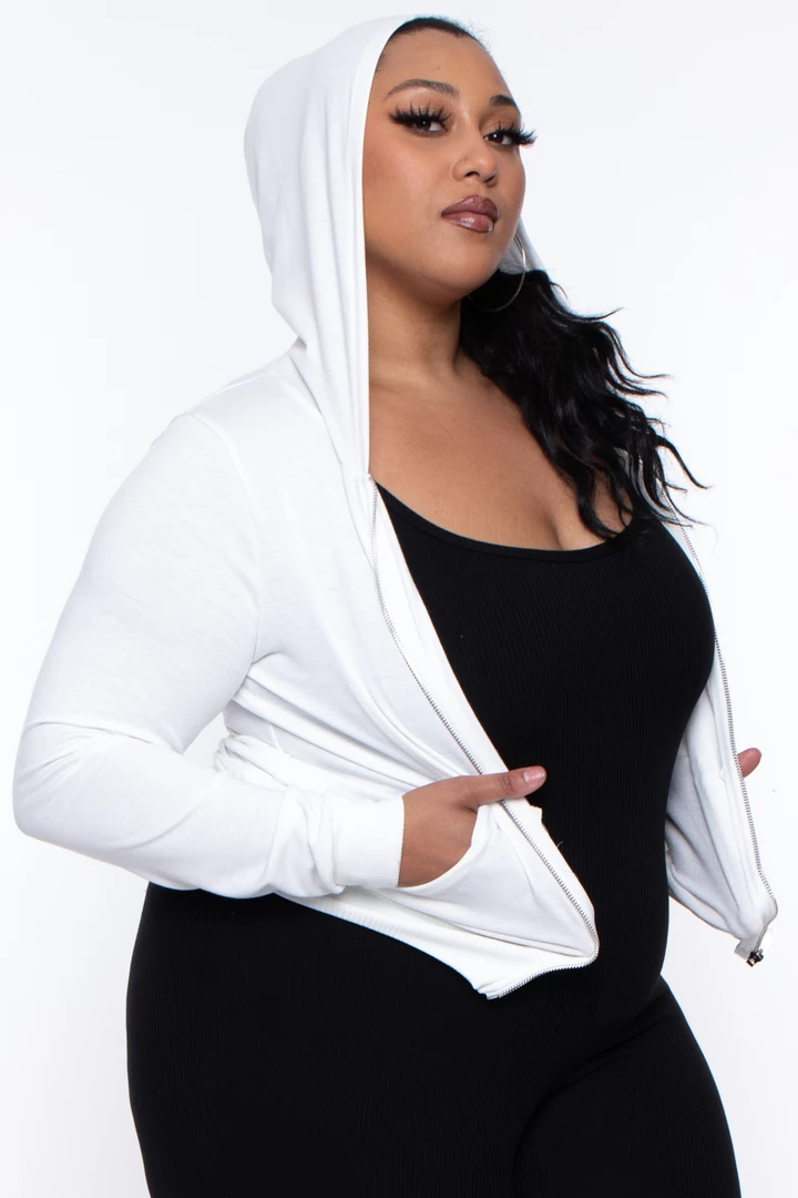 Curvy Sense Essential Mix Plus Size Essential Cropped Zip-Up Hoodie - Ivory 8 Curvy Sense Essential Mix Plus Size Essential Cropped Zip-Up Hoodie - Ivory