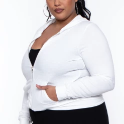 Curvy Sense Essential Mix Plus Size Essential Cropped Zip-Up Hoodie - Ivory