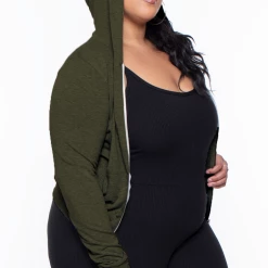 Curvy Sense Essential Mix Plus Size Essential Cropped Zip-Up Hoodie - Olive