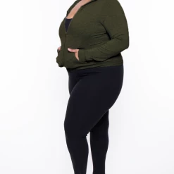 Curvy Sense Essential Mix Plus Size Essential Cropped Zip-Up Hoodie - Olive