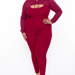 Curvy Sense Essential Mix Plus Size Essential Cut Out Hoodie - Burgundy