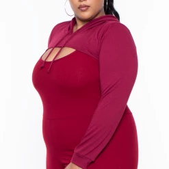 Curvy Sense Essential Mix Plus Size Essential Cut Out Hoodie - Burgundy