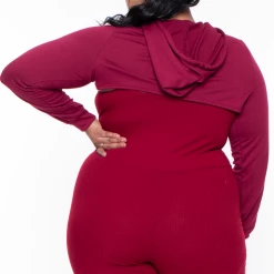 Curvy Sense Essential Mix Plus Size Essential Cut Out Hoodie - Burgundy