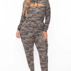 Curvy Sense Plus Size Essential Cut Out Hoodie - Camo