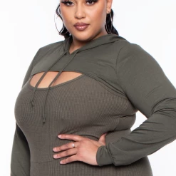 Curvy Sense Plus Size Essential Cut Out Hoodie - Olive