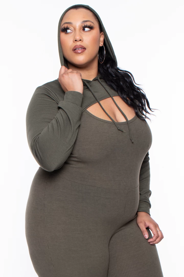 Curvy Sense Plus Size Essential Cut Out Hoodie - Olive 5 Curvy Sense Plus Size Essential Cut Out Hoodie - Olive