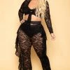 Curvy Sense Sets Plus Size Floral Lace Top & Ruffle Pants Set - Black