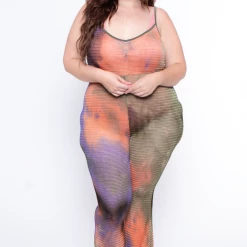 Curvy Sense Plus Size Tie Dye Cami Mesh Coverup Jumpsuit - Multi Swimwear