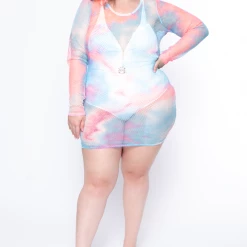 Curvy Sense Plus Size Tie Dye Fishnet Dress - Pink/Blue Swimwear