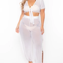 Curvy Sense Plus Size Mesh Pom-pom Cover-up Set - White