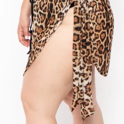 Curvy Sense Plus Size Animal Print Mesh Cover-up Wrap Mini Skirt - Brown
