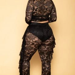 Curvy Sense Sets Plus Size Floral Lace Top & Ruffle Pants Set - Black