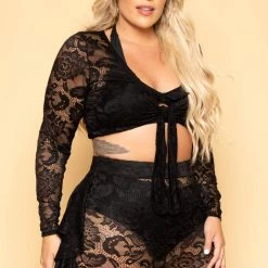 Curvy Sense Sets Plus Size Floral Lace Top & Ruffle Pants Set - Black