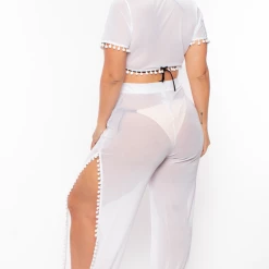 Curvy Sense Plus Size Mesh Pom-pom Cover-up Set - White