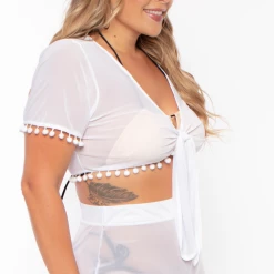 Curvy Sense Plus Size Mesh Pom-pom Cover-up Set - White