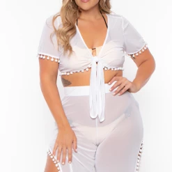 Curvy Sense Plus Size Mesh Pom-pom Cover-up Set - White