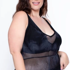 Curvy Sense Swimwear Plus Size Tie Dye Cami Mesh Coverup Jumpsuit - Black