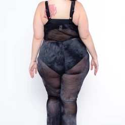 Curvy Sense Swimwear Plus Size Tie Dye Cami Mesh Coverup Jumpsuit - Black