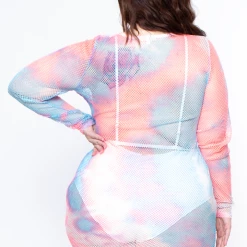 Curvy Sense Plus Size Tie Dye Fishnet Dress - Pink/Blue Swimwear