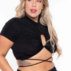 Curvy Sense Plus Size Kyomi Slinky Top - Black Tops