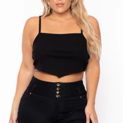 Curvy Sense Plus Size Pointy Ribbed Cami Top - Black