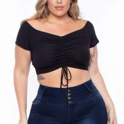 Curvy Sense Plus Size Tamara Ribbed Crop Top - Black Tops