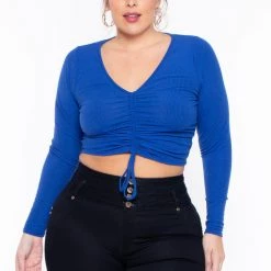 Curvy Sense Plus Size Mallory Ruched Top - Blue Tops