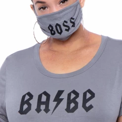 Curvy Sense Plus Size Graphic "Boss Babe" Tee & Mask Set - Grey