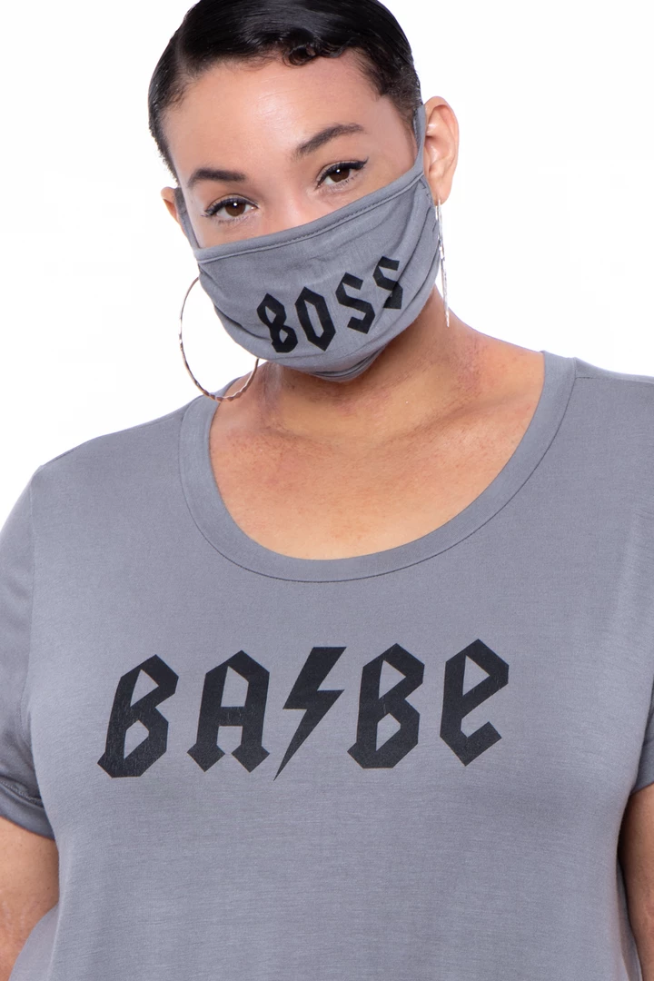 Curvy Sense Plus Size Graphic "Boss Babe" Tee & Mask Set - Grey 4 Curvy Sense Plus Size Graphic "Boss Babe" Tee & Mask Set - Grey