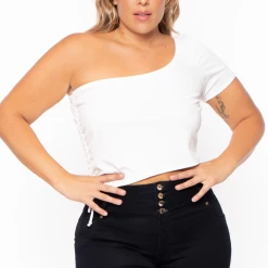 Curvy Sense Tops Plus Size Asymmetric Ribbed Crop Top - Ivory